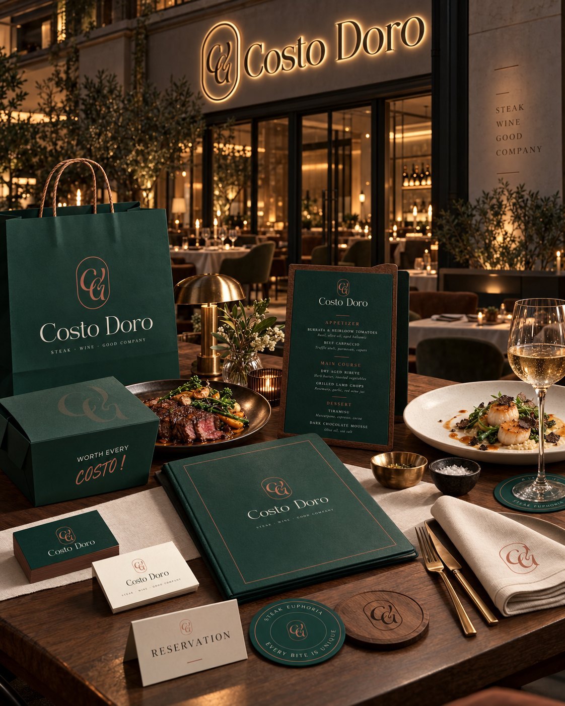 Identité visuelle du steakhouse Costo Doro : enseigne, menus, packaging et papeterie, par Bold Brands