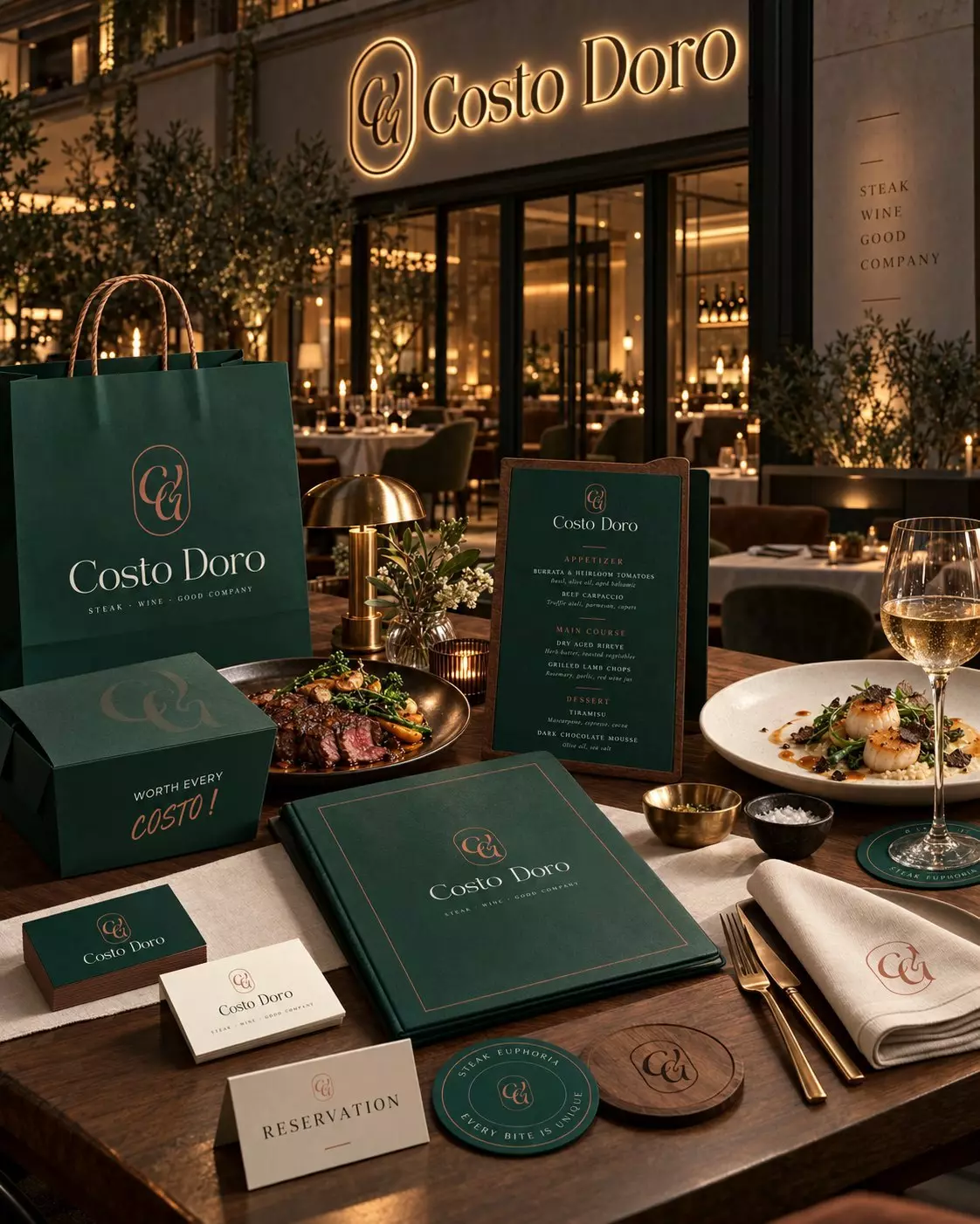 Identité visuelle du steakhouse Costo Doro : enseigne, menus, packaging et papeterie, par Bold Brands